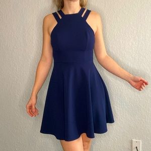 Blue zip up Mock-Neck Crochet-Trim Fit & Flare Dress